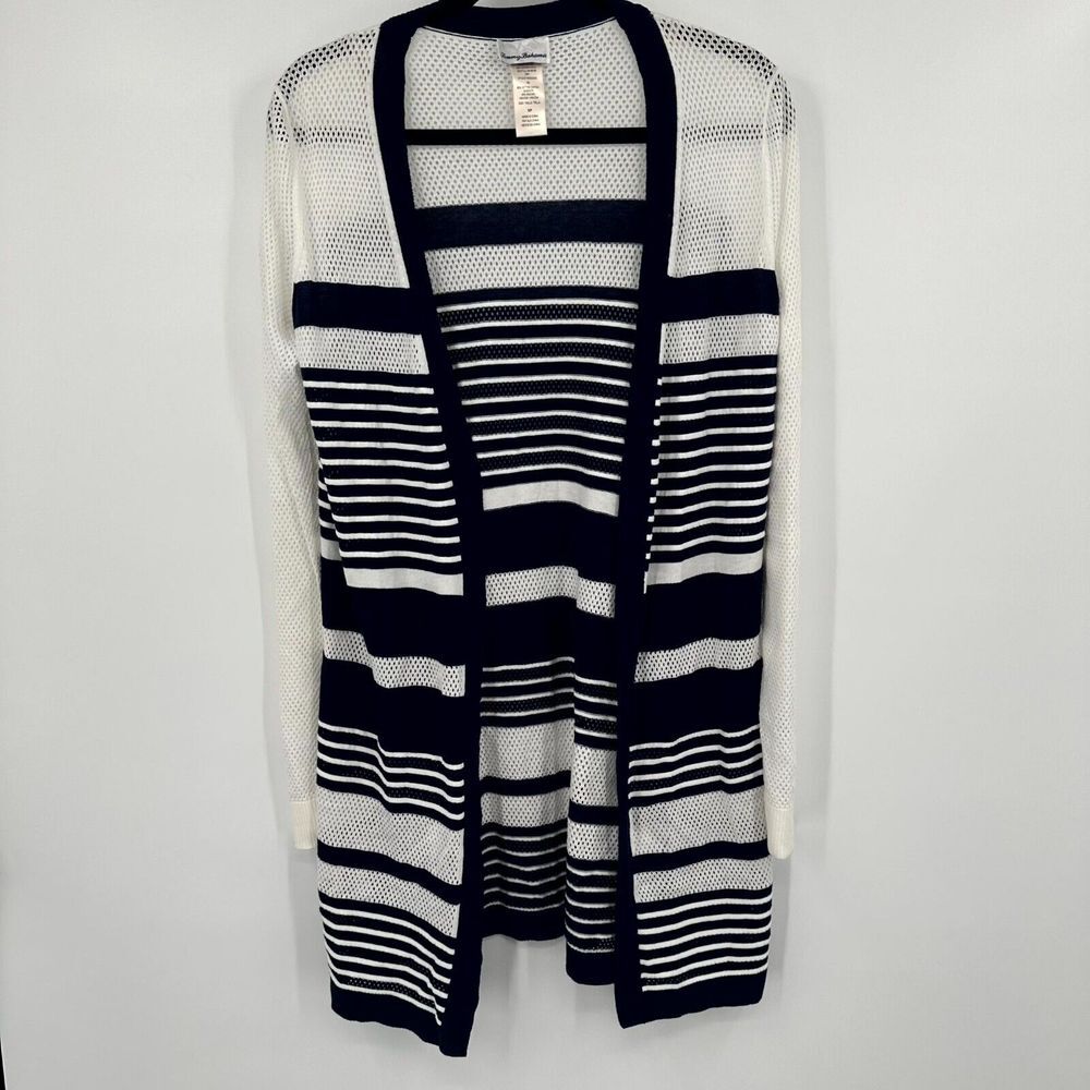 Tommy Bahama Cardigan Women's Small Blue White Striped Cotton Crochet Open Front